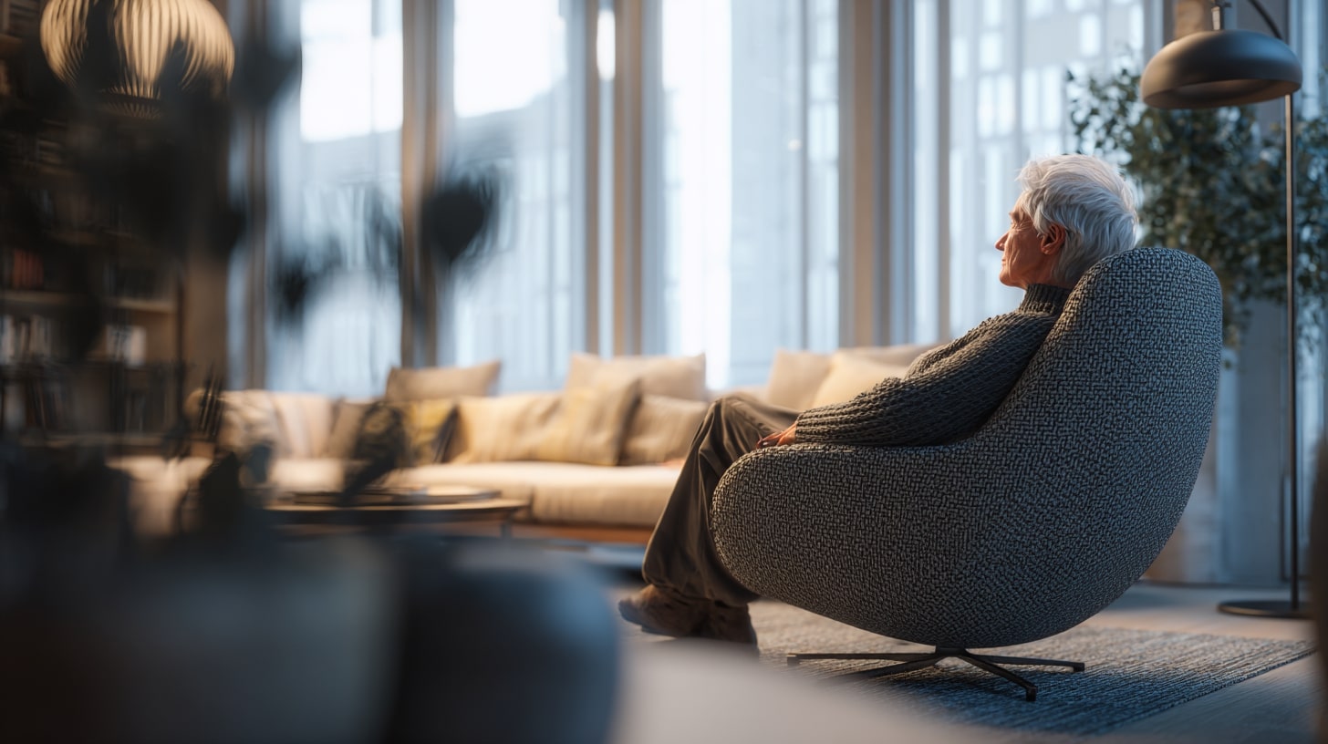 Personne âgée se reposant dans un espace confortable et sécurisé d’une résidence pour seniors.