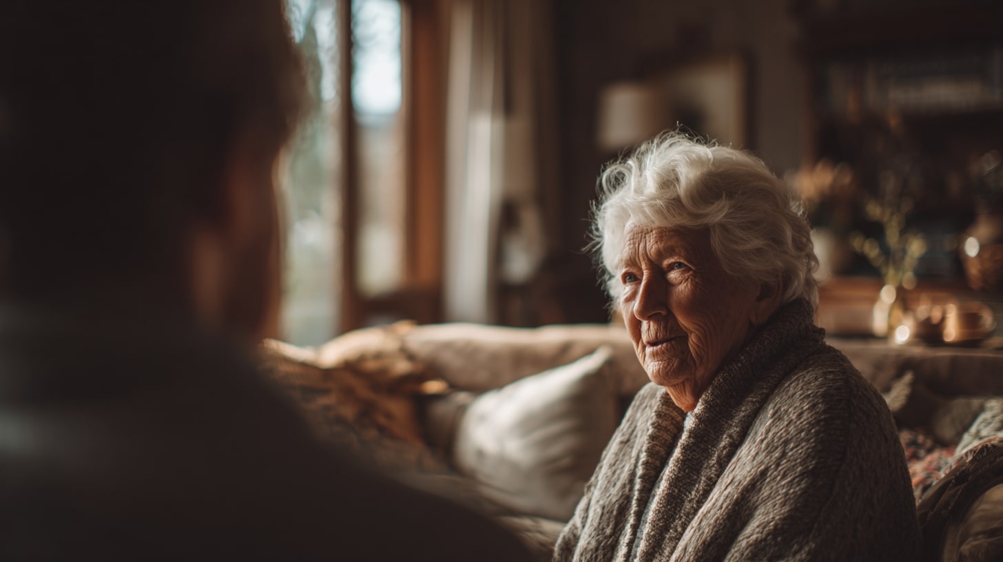Personne âgée échangeant avec un proche dans un cadre familial et rassurant.