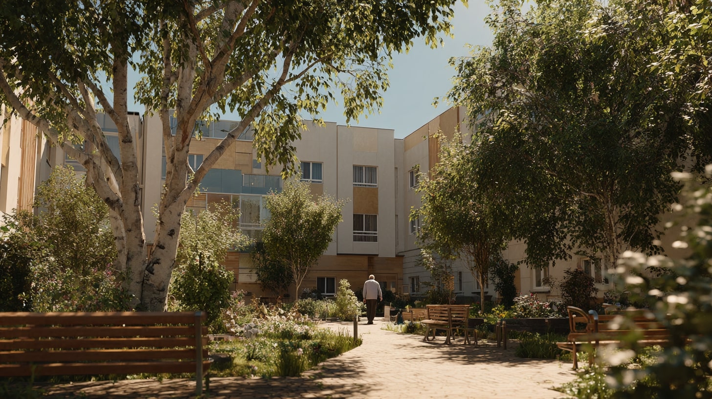 Personne âgée se promenant dans les espaces extérieurs d’une résidence adaptée aux seniors autonomes.