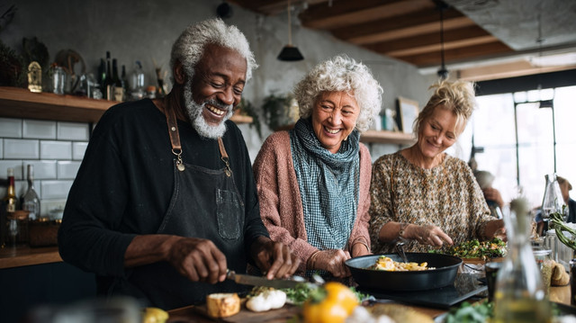 Groupe de seniors partageant un moment convivial dans un logement à habitat inclusif.
